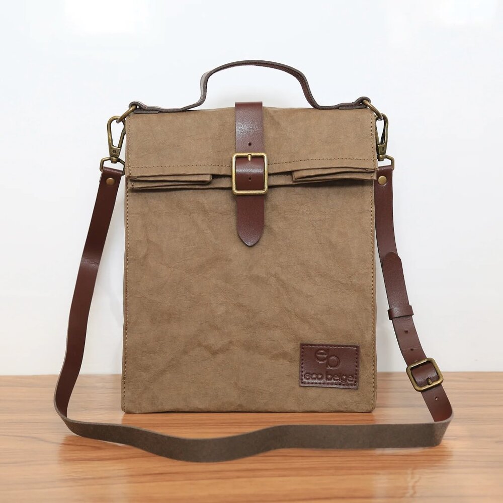 Eco Beige Washable Paper Crossbody Lunch Bag Vegan Leather Strap Sustainable NWT